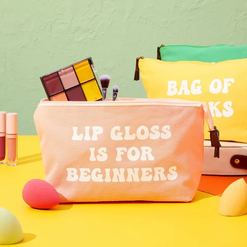 Vista 2 de Glamlily Paquete de 6 pequeñas bolsas de maquillaje de lona para cosméticos para mujeres con cremallera, 3 colores y diseños (8 x 4 x 6 pulgadas)