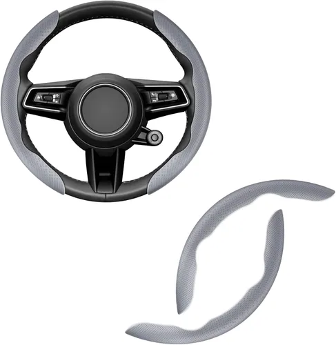Vista 8 de Amiss Funda de cuero de napa para volante, 2 protectores de rueda segmentados, funda universal para volante de automóvil del 99% (negro)