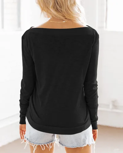 Vista 4 de Camisas casuales de manga larga para mujer, cuello barco, lisas, sin botones, con hombros descubiertos