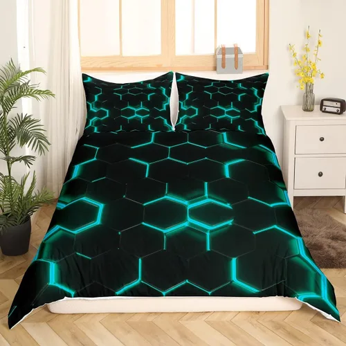 Vista 12 de Funda de edredón de panal para niños, hombres y niñas, juego de ropa de cama moderno con temática geométrica hexagonal, diseño de cuadrícula