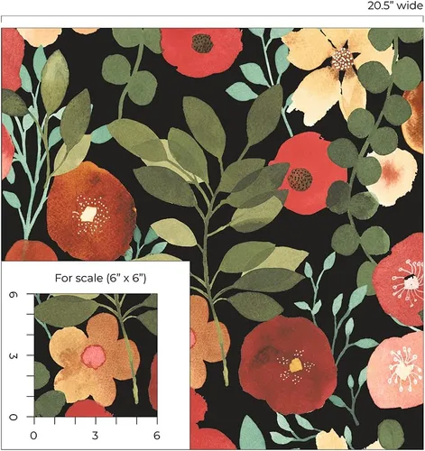 Vista 7 de NextWall Garden Dance Floral - Papel tapiz para despegar y pegar (negro azabache y rubí)