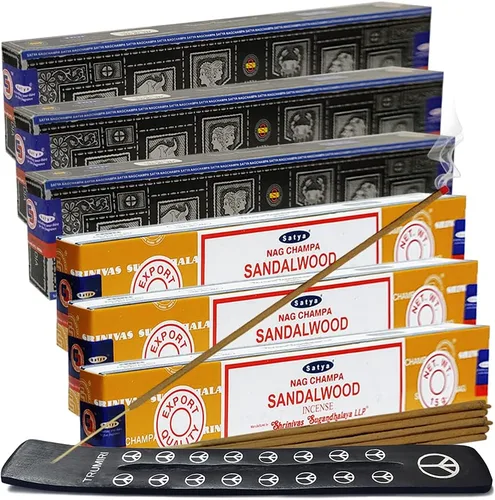 Vista 22 de Varillas de incienso de Sangre de Dragón y Palo Santo con soporte, paquete de variedad de la marca House of Nag Champa y Trumiri