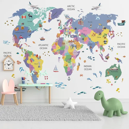 Vista 11 de Papel tapiz para habitación de niños, espacio de astronauta, mural de mapa gigante del mundo con países, papel tapiz para guardería, despegar