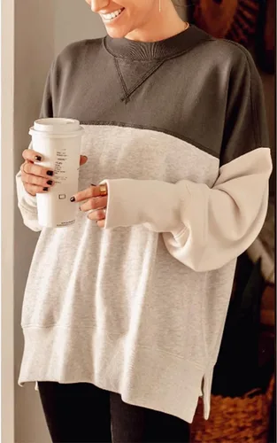 Vista 2 de Sudadera casual con cuello redondo para mujer, de manga larga, ajuste holgado, bloque de color, Gris