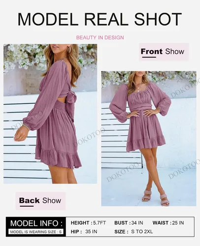 Vista 2 de Dokotoo Vestido largo para mujer, manga farol, cuello cuadrado, lazo sin espalda, vestido sexy con volantes, cintura elástica, acampanado, mini