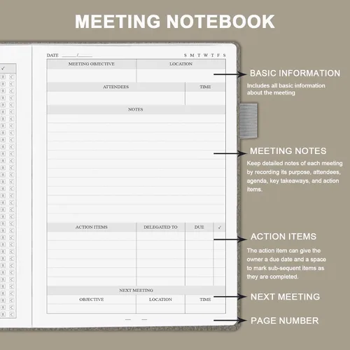 Vista 3 de CalenDream Cuaderno de reuniones para organización del trabajo, cuaderno planificador de trabajo con artículos de acción, cubierta de cuero vegano