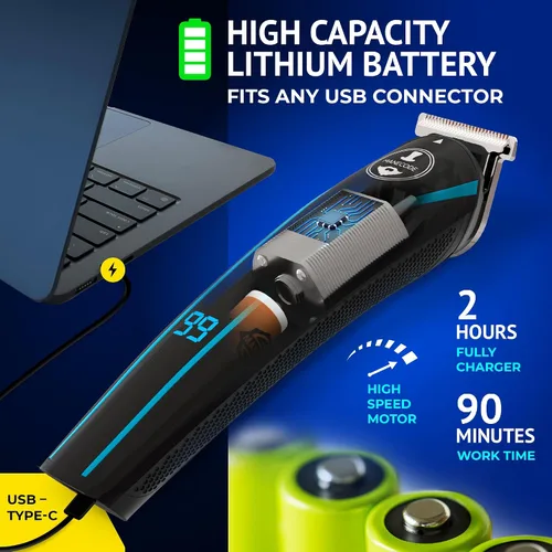 Vista 4 de MANECODE® Cortadora de barba y cabello para hombres – Self-Sharp Blades® USB-C, impermeable, pantalla LED, kit de aseo múltiple