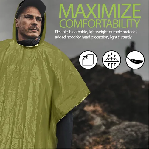 Vista 6 de FosPower Poncho de lluvia de emergencia [paquete de 4] [conserva el 90% del calor corporal] Impermeable reutilizable resistente a la intemperie