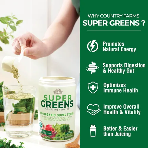 Vista 5 de Country Farms Super Greens Power Pack, 50 súper alimentos orgánicos, polvo de verduras con probióticos para la salud intestinal y alivio