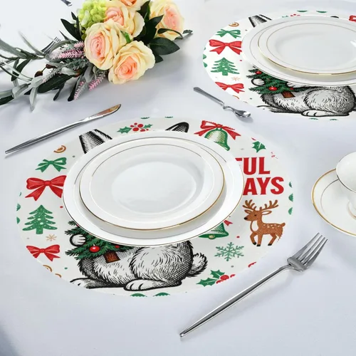 Vista 6 de Mantel individual verde con diseño de conejo de Feliz Navidad 15x15 en manteles para mesa de comedor