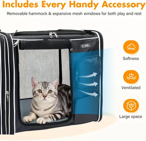 Vista 6 de Lekereise Transportador grande para gatos de lado suave, 28 x 13 x 13 pulgadas, transportador de viaje grande para 2 gatos con cierres de cremallera