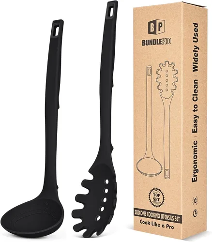 Vista 9 de BUNDLEPRO Juego de cucharón de sopa de silicona y cuchara para pasta, una Caqui