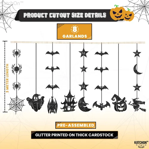 Vista 4 de KatchOn, Guirnalda de Halloween negra con purpurina, enorme, paquete de 10 unidades, guirnalda de decoración de fiesta de Halloween con recortes