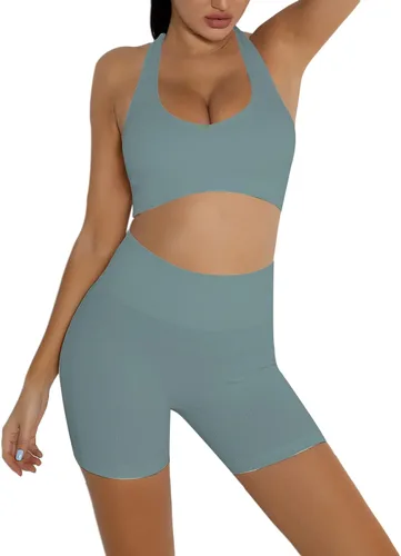 Vista 5 de DADAB Conjuntos de entrenamiento de dos piezas para mujer, ropa de gimnasio, yoga, sin costuras, espalda cruzada, brasier deportivo con pantalones