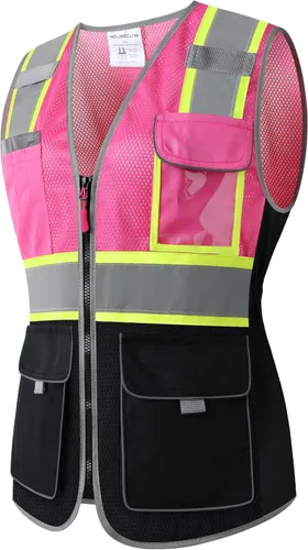 Vista 8 de Chaleco de seguridad para mujeres, chaleco de trabajo reflectante de alta visibilidad con 9 bolsillos múltiples y cremallera Negro