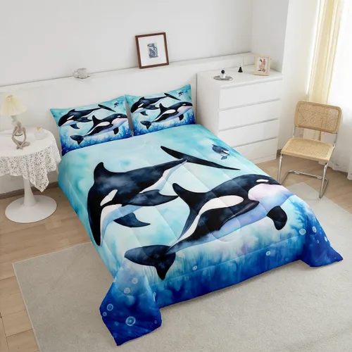 Vista 3 de Juego de edredón Queen de orcas y orcas de orcas y medusas del mundo submarino, para niños y niñas, animales marinos profundos, vida marina, 3