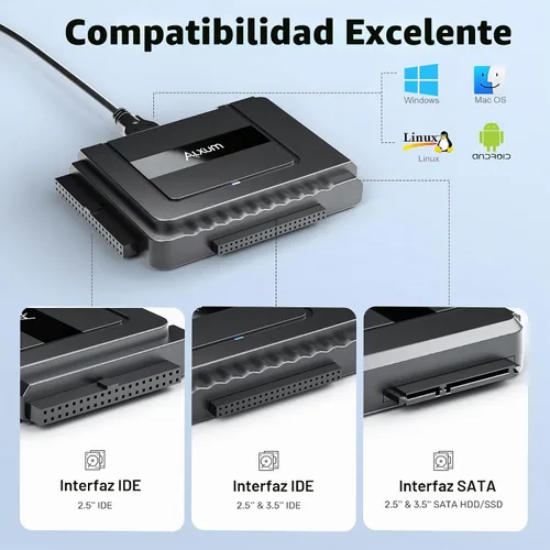 Vista 4 de Alxum IDE a SATA Adaptador USBC Lector de Disco Duro Externo con Fuente de Alimentación USB 3.0 5Gbps IDE Enclosure,Recovery Converter for