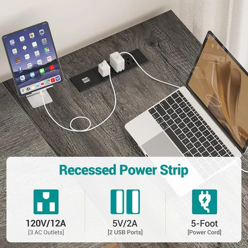 Vista 6 de Escritorio reversible en forma de L para juegos con tomas de corriente y puertos de carga USB, escritorio para computadora resistente con estante