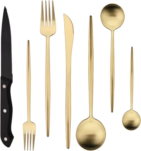 Vista 14 de Juego de cubiertos de 28 piezas con cuchillos para carne, cubiertos de acero inoxidable 18/8, juego de cubiertos modernos para 4 tenedores de Negro