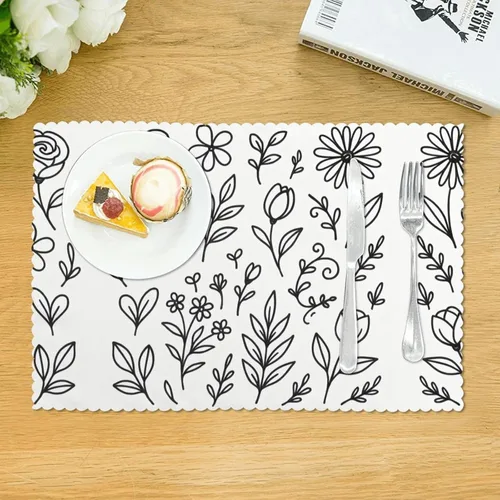 Vista 3 de Rectangular Placemats Set of 4, Heat Resistant Flower Doodles Printed Kitchen Dining Table Mats