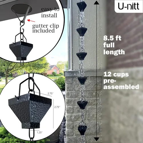 Vista 5 de U-nitt Cadena de lluvia colección de agua para canalones, atrapador de agua de lluvia y desviador, cadenas de 8.5 pies para jardín exterior, copas