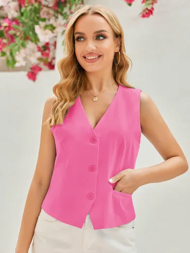 Vista 3 de GAMISOTE Chaleco con botones para mujer, estilo vintage, sin mangas, cuello en V, elástico, de gasa, chaleco