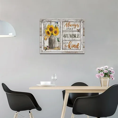 Vista 3 de Arte de pared motivacional, diseño rústico de girasol, colibrí, decoración de pared de baño, con citas inspiradoras "Always Stay Humild" y Kind