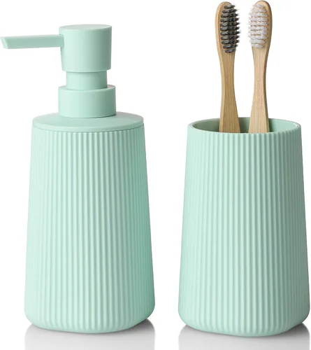 Vista 7 de YAUKPH Dispensador de jabón de baño y soporte para cepillos de dientes a rayas negro