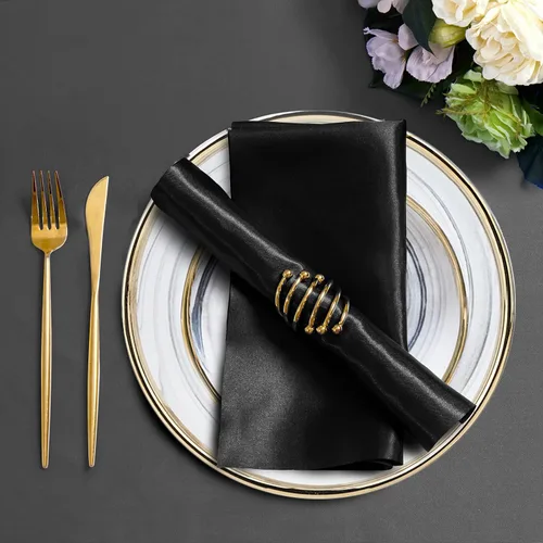Vista 6 de Horbaunal Paquete de 30 servilletas de satén negro de 20 x 20 pulgadas, servilletas cuadradas suaves de tela sedosa, decoración de mesa para bodas