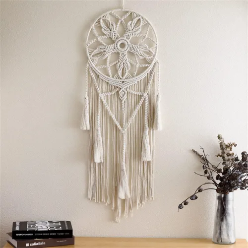 Vista 2 de Tapiz de atrapasueños, bohemio, macramé, tejido de algodón, hecho a mano, arte bohemio con borlas, adorno para dormitorio, sala de estar