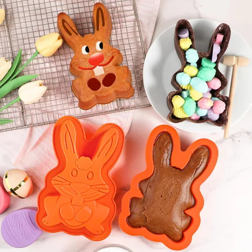 Vista 6 de Webake Moldes de silicona para pasteles de conejo de Pascua para hornear, lindos moldes de conejo rompibles de chocolate 3D para tartas, juego de 2