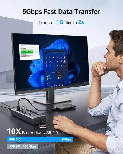 Vista 3 de WENTER Hub USB 3.0 alimentado con lector de tarjetas SD/TF, concentrador USB de aluminio de 10 puertos