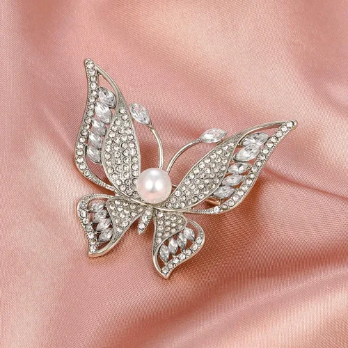 Vista 5 de Broches para mujer, broche de mariposa de perlas para mujer, broches de moda para ropa de mujer, obra maestra, broche, plata, Metal