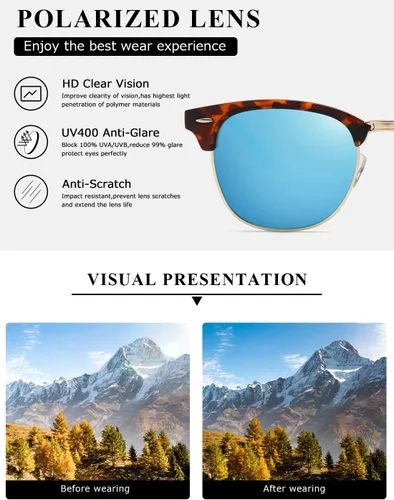 Vista 75 de AEVOGUE Gafas de sol polarizadas para mujeres y hombres semi marco retro gafas de sol AE0369