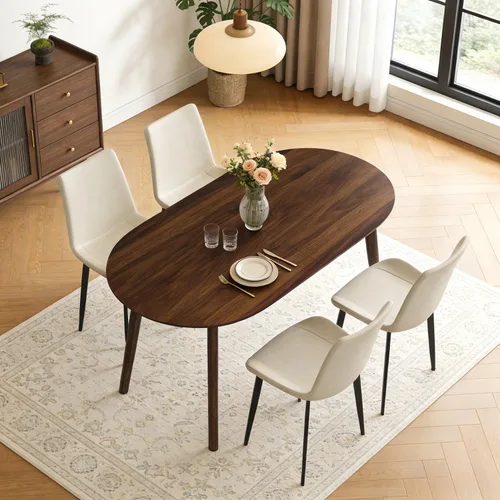 Vista 2 de Juego de mesa de comedor ovalada de 63 pulgadas para 4 personas con patas de madera maciza 5 Piece Walnut Dining Table Set for Kitchen and Dining