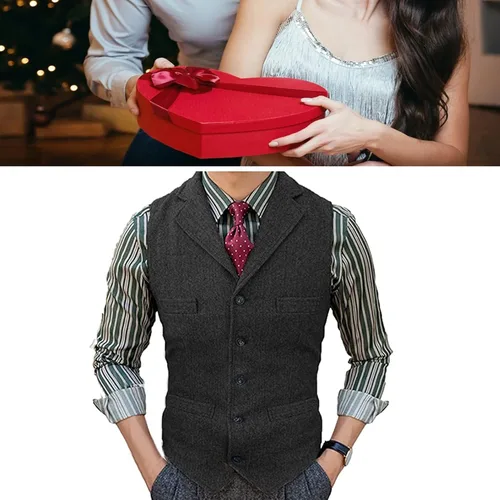 Vista 7 de Chaleco formal de tweed en espiga para hombre, casual, con solapa para padrino de boda, chaqueta vintage, chaleco de vestir para fiesta de trabajo