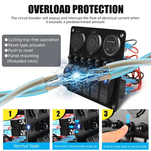 Vista 2 de FXC Panel de interruptor basculante azul de barco marino impermeable de 4 vías con enchufe USB QC3.0 y ranura tipo C + encendedor de cigarrillos +