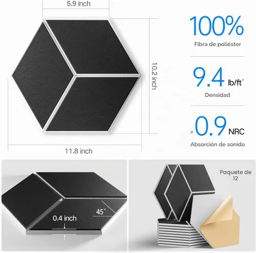 Vista 3 de Paquete de 12 paneles acústicos autoadhesivos de 12 x 10 x 0.4 pulgadas, espuma insonorizada resistente al fuego. Absorbe el ruido y elimina ecos
