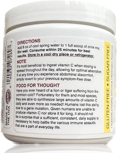 Vista 5 de Sufficient-C Mezcla de Bebida Immune-Ade de Vitamina C de Alta Dosis Sin OMG Sabor Limón Melocotón, Tamaño Conveniente de 125 Gramos con L-lisina