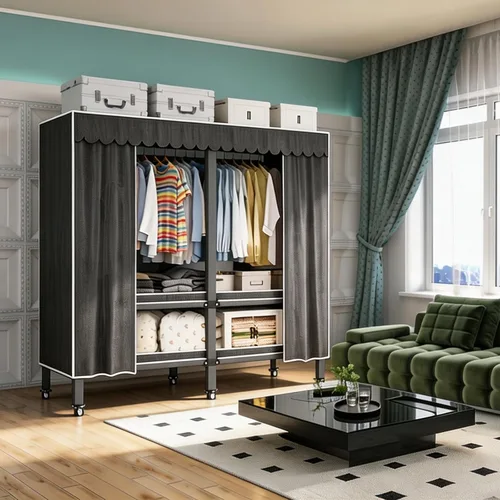 Vista 10 de Garment Rack with Cover Heavy Duty Portable Wardrobe Closet Grey 49.25in