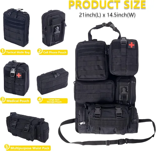 Vista 2 de Organizador táctico universal para respaldo de asiento, panel Molle para vehículo, bolsa de almacenamiento con 5 bolsas Molle desmontables