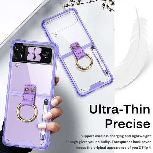 Vista 21 de Miimall Funda compatible con Samsung Galaxy Z Flip 4 2022 con bolígrafo, funda ultradelgada Flip 4 con soporte para anillo, TPU suave + PC, a prueba