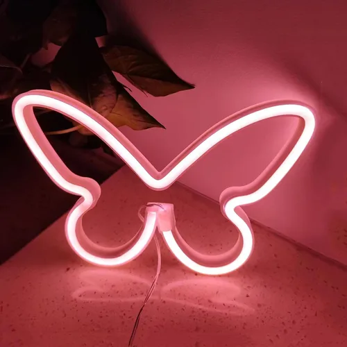 Vista 2 de Letreros de neón de mariposa rosa coral para pared, oficina, apartamento, dormitorio, boda, fiesta de cumpleaños, decoración de mariposa de neón 1