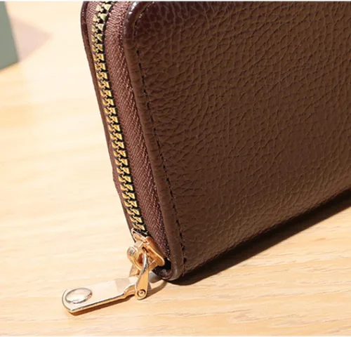 Vista 4 de Funda organizadora para tarjetas de crédito, cartera compacta de seguridad con cremallera pequeña, Marrón, Estuche para tarjetas
