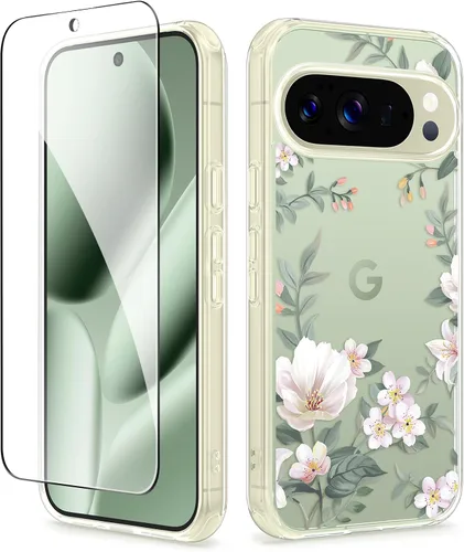 Vista 18 de GVIEWIN Funda para Google Pixel 10a con protector de pantalla, protección contra caídas de grado militar, no amarillenta, transparente, floral