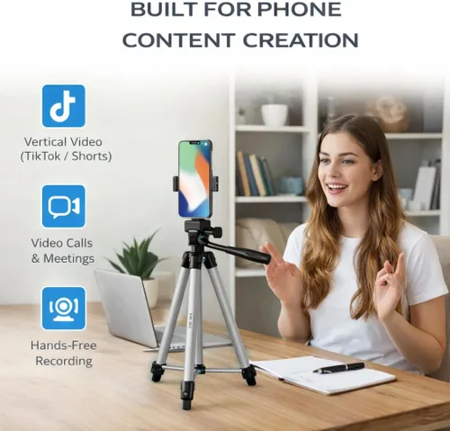Vista 3 de Acuvar Trípode de teléfono de 50 pulgadas con soporte giratorio, filmación vertical y horizontal para iPhone y Android, trípode ligero de aluminio