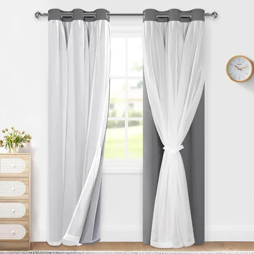Vista 21 de XWZO Cortinas 100% opacas de doble capa para guardería, cortinas opacas con superposición transparente para dormitorio de niñas, cortinas