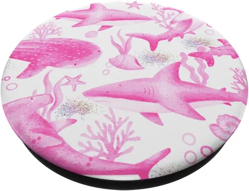 Vista 2 de Divertida cabeza de tiburón, cabeza de martillo, tiburón, lindo patrón de tiburón rosa, PopSockets intercambiables PopGrip