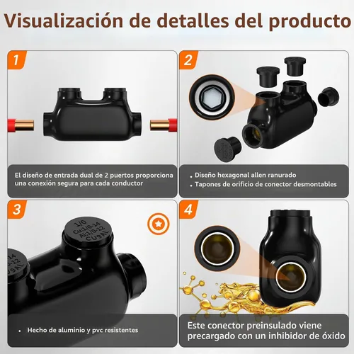 Vista 3 de Joinfworld Conector de empalme en línea de 2 puertos 1/0-14 AWG de aluminio a cobre, conectores de cable aislados, conector de empalme de alambre