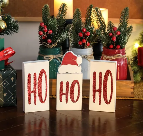 Vista 6 de Ho Bloques de Navidad de madera para decoración de mesa y fiesta, 4 piezas (blanco)